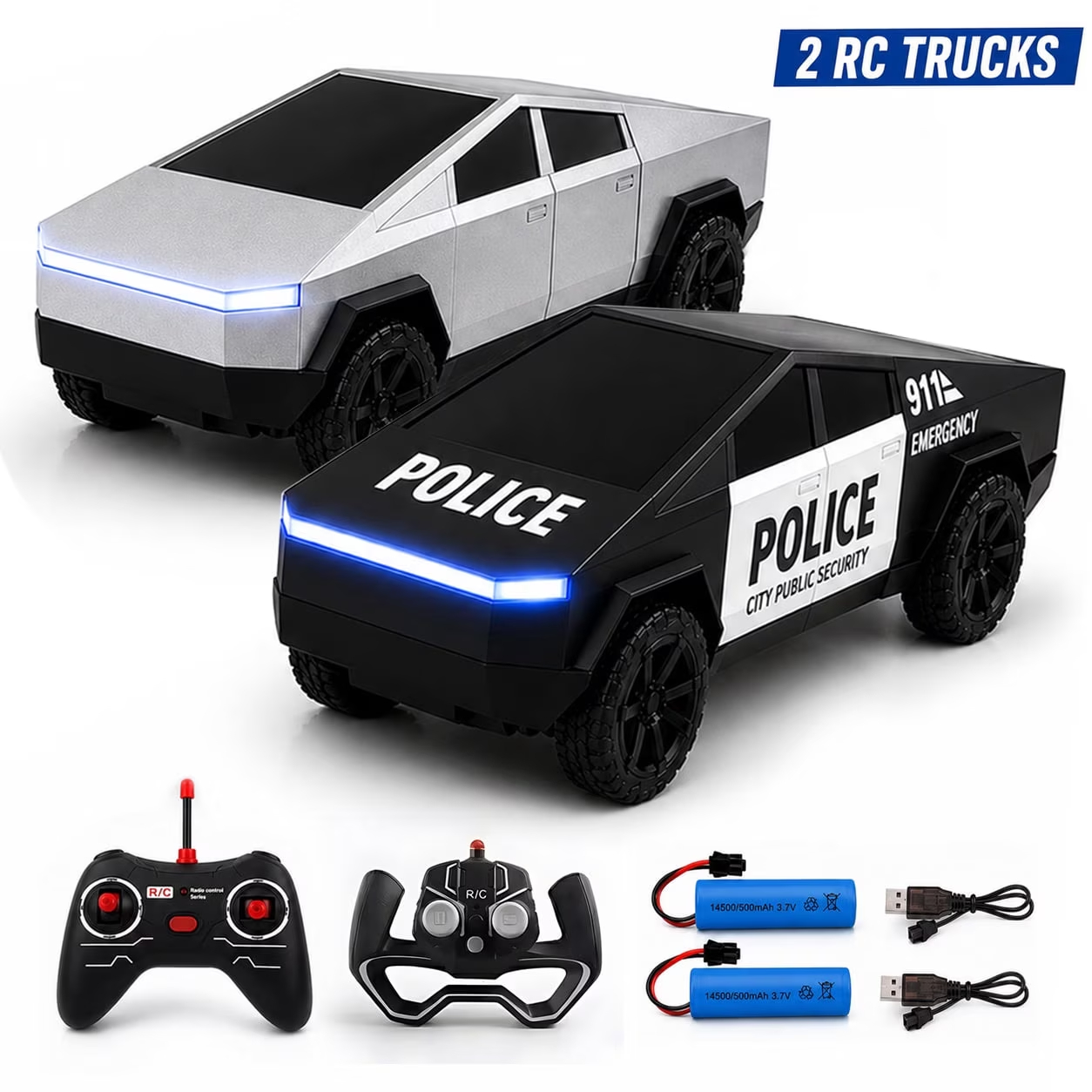 Drone Lidi Rc - 2個セット RCサイバートラックおもちゃ ラジコンカー シルバーピックアップポリスカー LEDライト付き 電動レーシングカー
